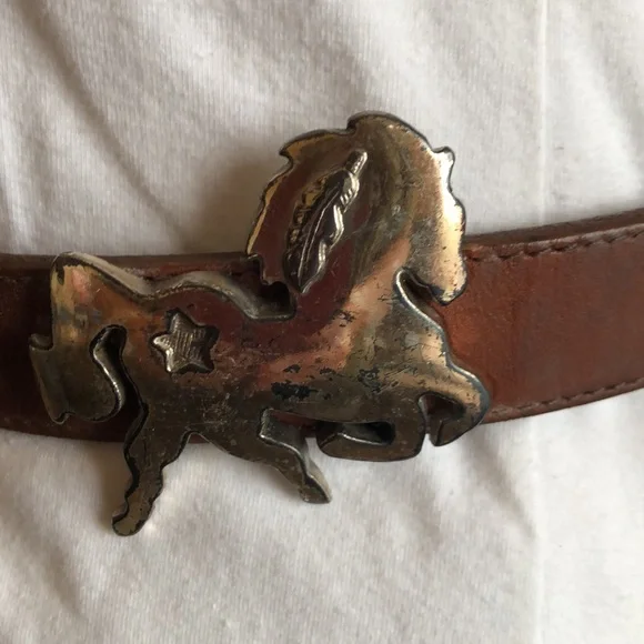 Brown Leather Cowboy Belt with Silvertone Accents - Picture 4 of 10